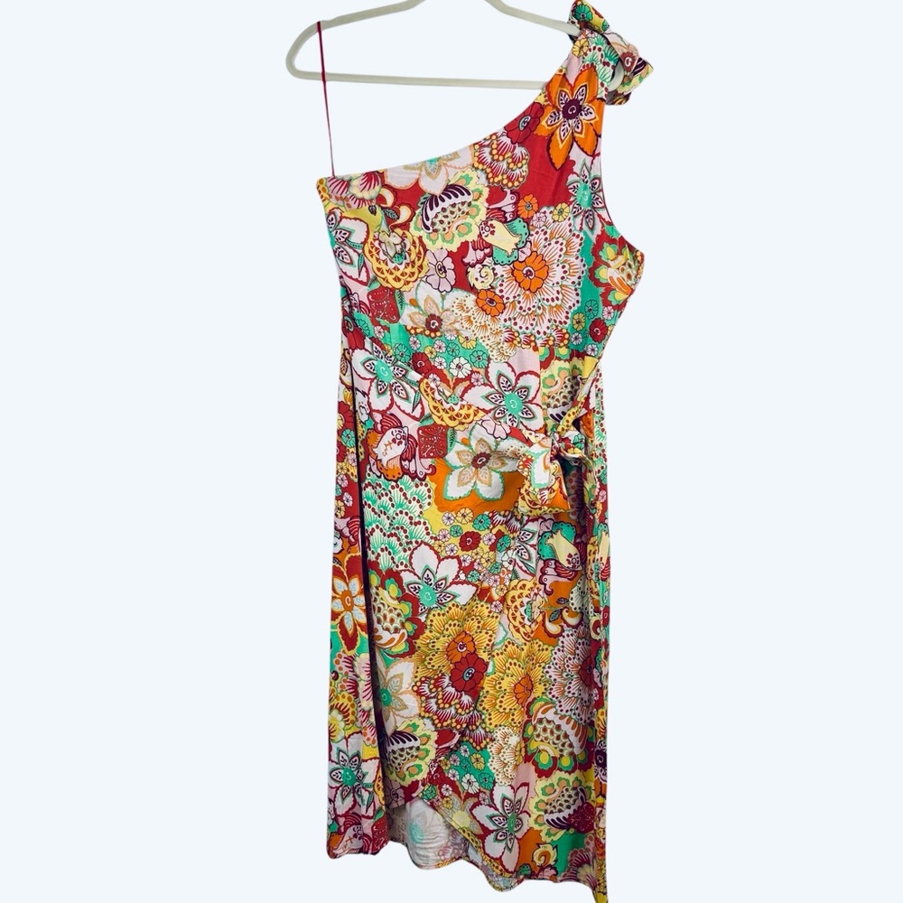 Dee Elly Multicolor Floral One Shoulder Faux Wrap Dress Size XL